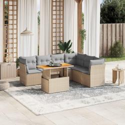 Salon de jardin avec coussins 7 pcs beige r&eacute;sine tress&eacute;e