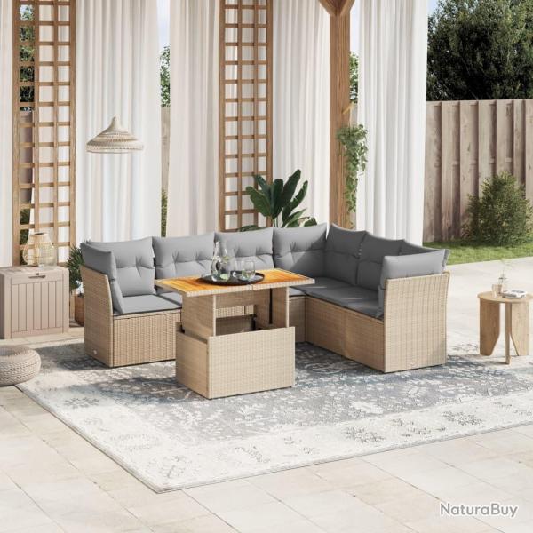 Salon de jardin avec coussins 7 pcs beige r�sine tress�e