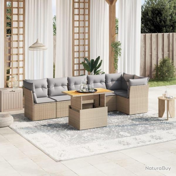 Salon de jardin avec coussins 7 pcs beige r�sine tress�e