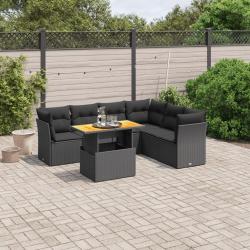 Salon de jardin 7 pcs avec coussins noir r&eacute;sine tress&eacute;e