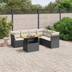 Salon de jardin 7 pcs avec coussins noir r&eacute;sine tress&eacute;e