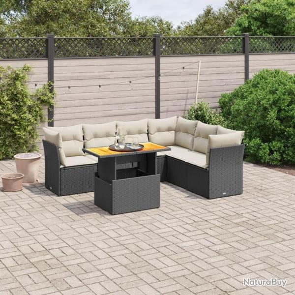 Salon de jardin 7 pcs avec coussins noir r�sine tress�e