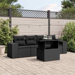 Salon de jardin 5 pcs avec coussins noir r&eacute;sine tress&eacute;e