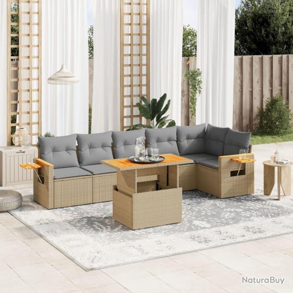 Salon de jardin avec coussins 7 pcs beige r�sine tress�e