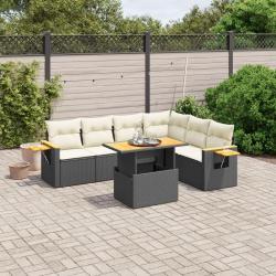 Salon de jardin 7 pcs avec coussins noir r&eacute;sine tress&eacute;e