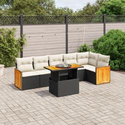 Salon de jardin 7 pcs avec coussins noir r&eacute;sine tress&eacute;e