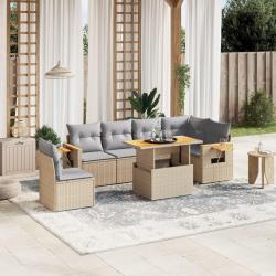 Salon de jardin avec coussins 7 pcs beige r&eacute;sine tress&eacute;e