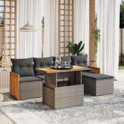 Salon de jardin 6 pcs avec coussins gris r&eacute;sine tress&eacute;e