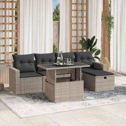 Salon de jardin 6 pcs avec coussins gris clair r&eacute;sine tress&eacute;e