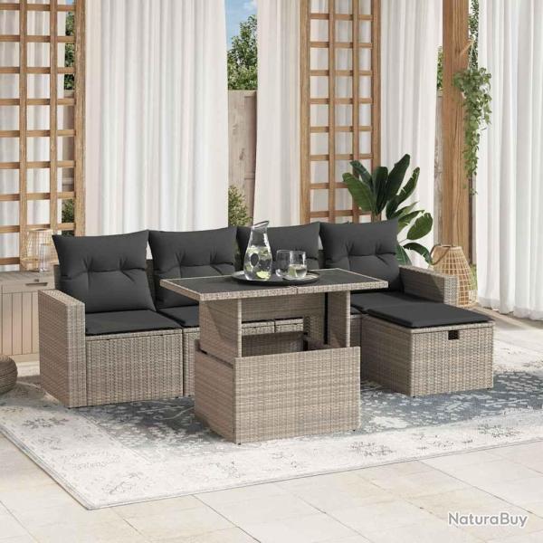 Salon de jardin 6 pcs avec coussins gris clair r�sine tress�e