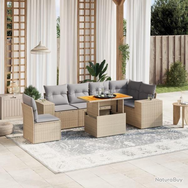 Salon de jardin avec coussins 7 pcs beige r�sine tress�e
