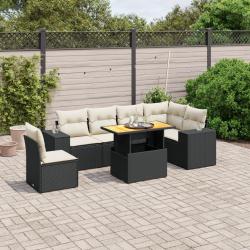 Salon de jardin 7 pcs avec coussins noir r&eacute;sine tress&eacute;e