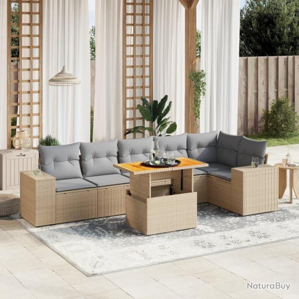 Salon de jardin avec coussins 7 pcs beige r�sine tress�e