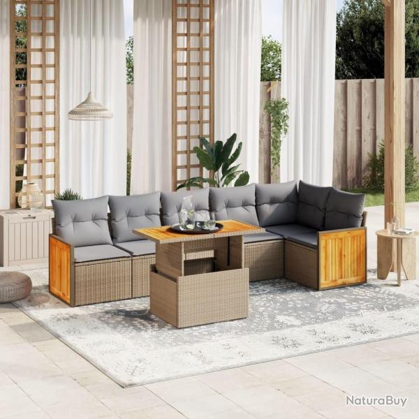 Salon de jardin avec coussins 7 pcs beige r�sine tress�e