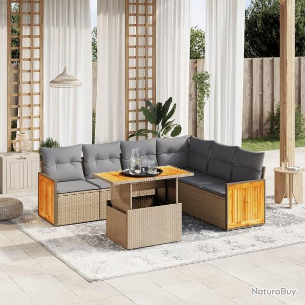 Salon de jardin avec coussins 7 pcs beige r�sine tress�e