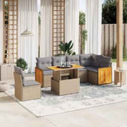 Salon de jardin avec coussins 7 pcs beige r&eacute;sine tress&eacute;e