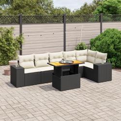 Salon de jardin 7 pcs avec coussins noir r&eacute;sine tress&eacute;e