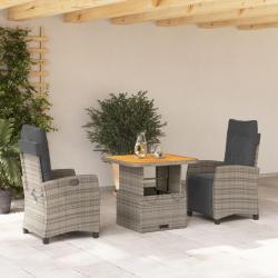 Ensemble &agrave; manger de jardin 3 pcs coussins gris r&eacute;sine tress&eacute;e