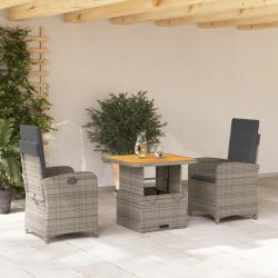 Ensemble &agrave; manger de jardin 3 pcs coussins gris r&eacute;sine tress&eacute;e