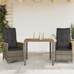Ensemble de bistro 3 pcs avec coussins gris r&eacute;sine tress&eacute;e