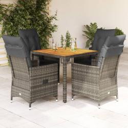Ensemble &agrave; manger de jardin 5 pcs coussins gris r&eacute;sine tress&eacute;e