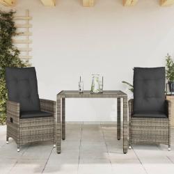 Ensemble de bistro 3 pcs avec coussins gris r&eacute;sine tress&eacute;e