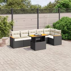 Salon de jardin 7 pcs avec coussins noir r&eacute;sine tress&eacute;e