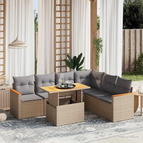 Salon de jardin avec coussins 7 pcs beige r�sine tress�e