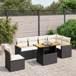 Salon de jardin 7 pcs avec coussins noir r&eacute;sine tress&eacute;e
