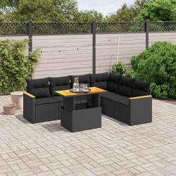 Salon de jardin 7 pcs avec coussins noir r&eacute;sine tress&eacute;e