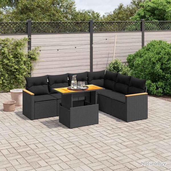 Salon de jardin 7 pcs avec coussins noir r�sine tress�e