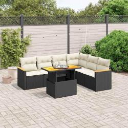 Salon de jardin 7 pcs avec coussins noir r&eacute;sine tress&eacute;e