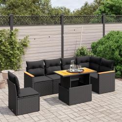 Salon de jardin 7 pcs avec coussins noir r&eacute;sine tress&eacute;e