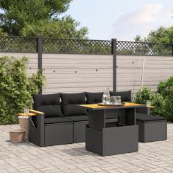 Salon de jardin 6 pcs avec coussins noir r&eacute;sine tress&eacute;e