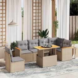 Salon de jardin avec coussins 7 pcs beige r&eacute;sine tress&eacute;e