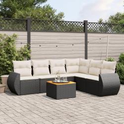 Salon de jardin 7 pcs avec coussins noir r&eacute;sine tress&eacute;e