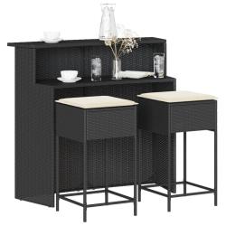 Ensemble de bar de jardin 3 pcs avec coussins noir poly rotin