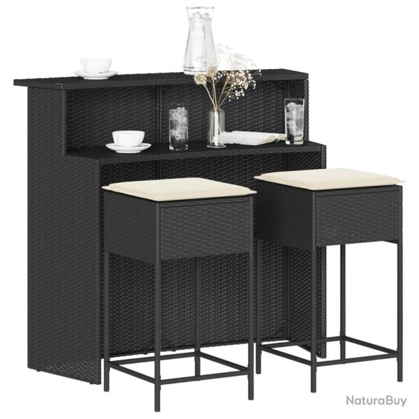 Ensemble de bar de jardin 3 pcs avec coussins noir poly rotin