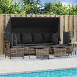 Salon de jardin 5 pcs avec coussins gris r&eacute;sine tress&eacute;e