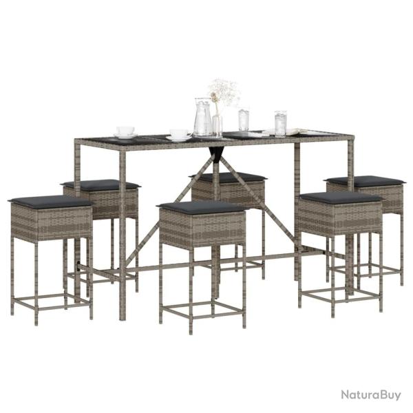 Ensemble de bar de jardin 7 pcs avec coussins gris poly rotin