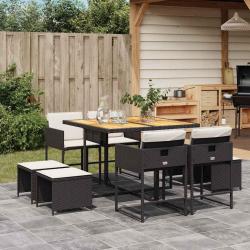 Ensemble &agrave; manger de jardin 9pcs coussins noir r&eacute;sine tress&eacute;e