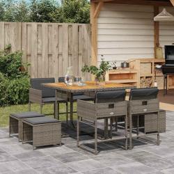 Ensemble &agrave; manger de jardin 9 pcs coussins gris r&eacute;sine tress&eacute;e