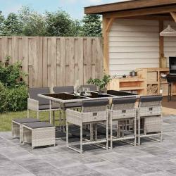 Ensemble &agrave; manger de jardin 11pcs avec coussins gris poly rotin