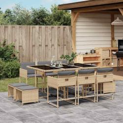 Ensemble &agrave; manger de jardin et coussins 11 pcs m&eacute;lange beige