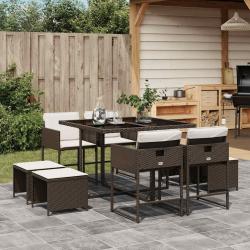 Ensemble &agrave; manger de jardin et coussins 9 pcs marron poly rotin
