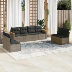Salon de jardin 8 pcs avec coussins gris r&eacute;sine tress&eacute;e