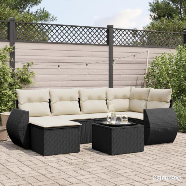 Salon de jardin 7 pcs avec coussins noir r�sine tress�e