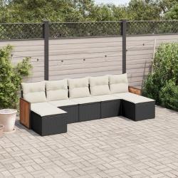 Salon de jardin 7 pcs avec coussins noir r&eacute;sine tress&eacute;e