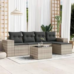 Salon de jardin 6 pcs avec coussins gris clair r&eacute;sine tress&eacute;e