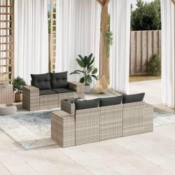 Salon de jardin 6 pcs avec coussins gris clair r&eacute;sine tress&eacute;e